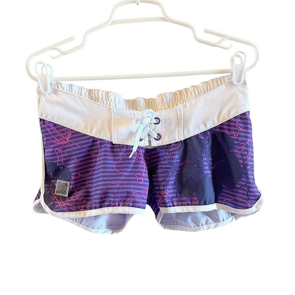 Vtg Y2K Board Shorts Sz Small Purple Pink Vibrant Hawaiian Print Micro Shorts